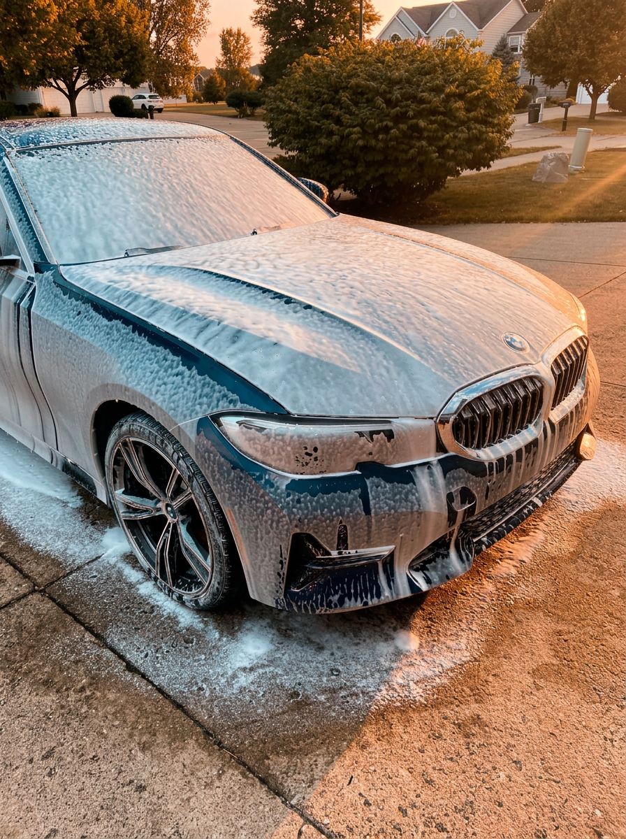 Blue BMW covered in thick snow foam during an exterior detail
