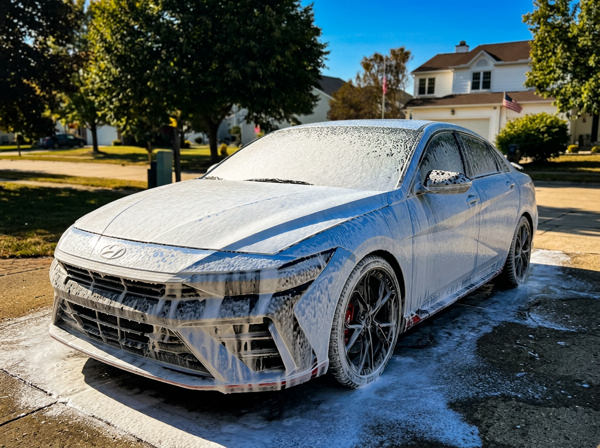 Sedan covered in thick white snow foam during an exterior detail