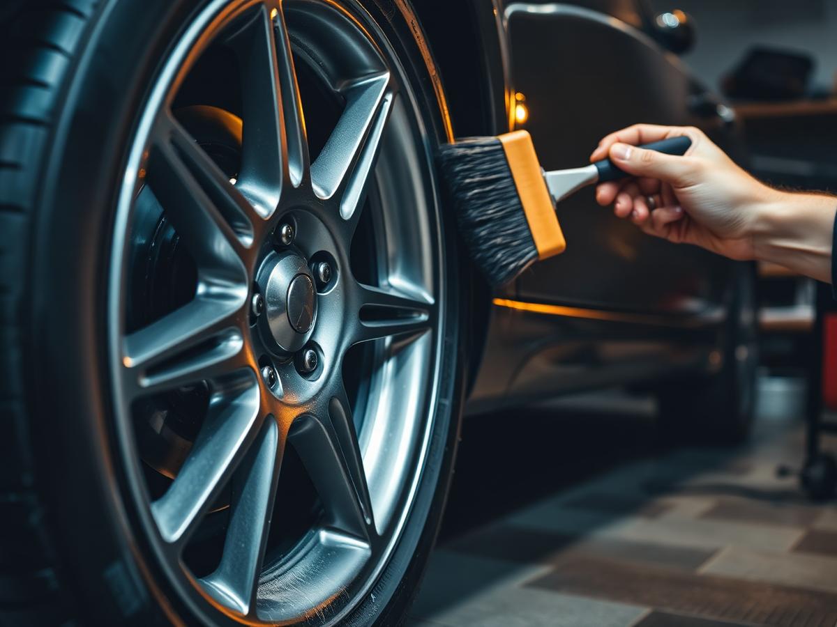 Alloy wheel being cleaned with a detailing brush